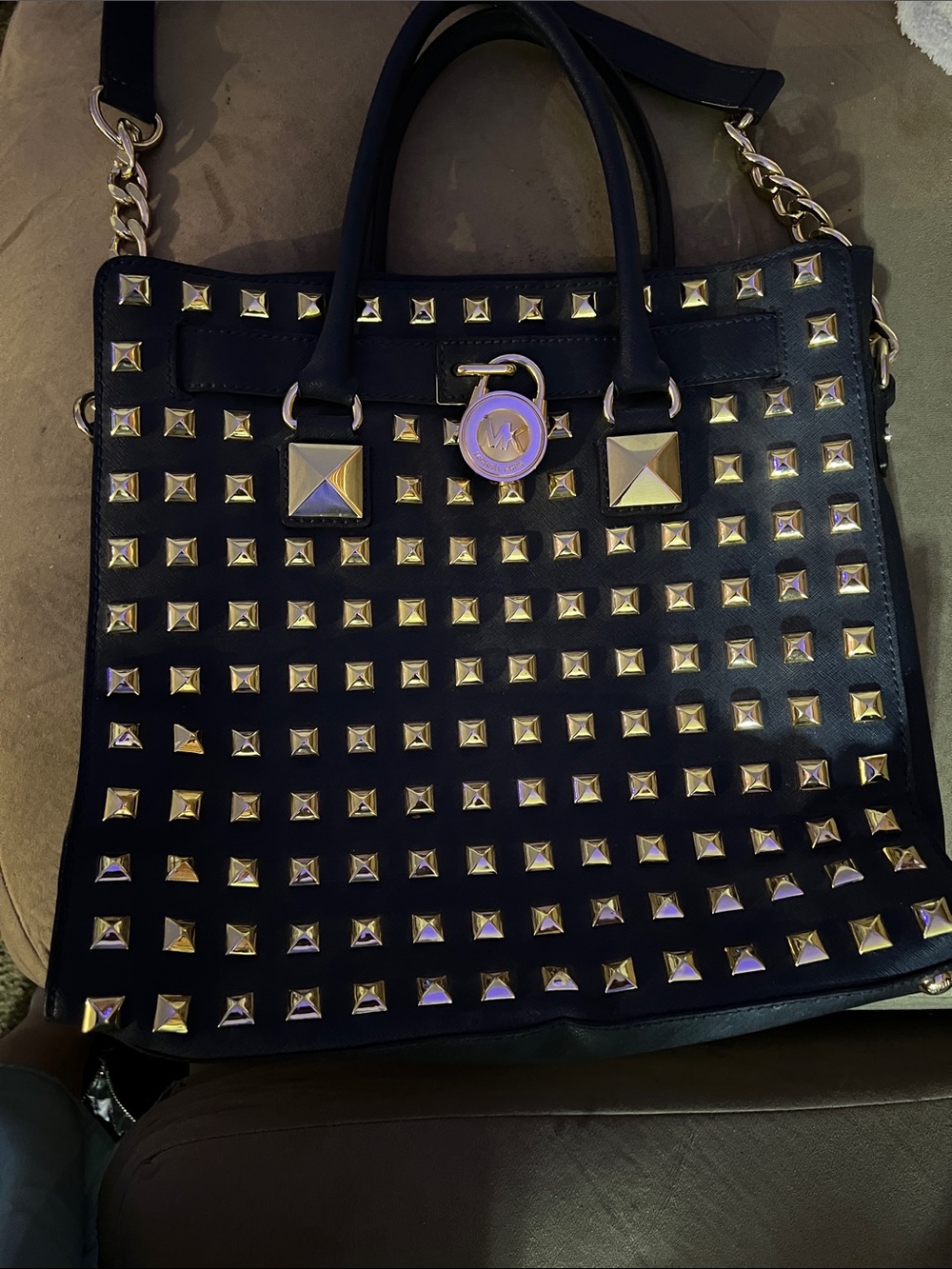 Black Studded Tote with Gold Hardware